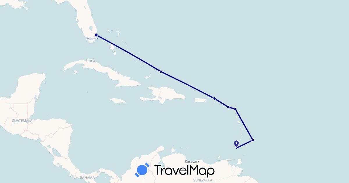 TravelMap itinerary: driving in Antigua and Barbuda, Barbados, Grenada, Saint Kitts and Nevis, Turks and Caicos Islands, United States, British Virgin Islands (North America)